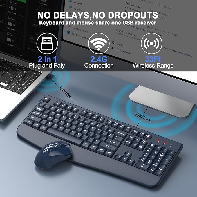 Wireless Keyboard and Mouse Combo, ULSOU 2.4G Full-Sized Ergonomic Computer Keyboard with Wrist Rest and 3 Level DPI Adjustable Wireless Mouse for Windows, Mac OS Desktop/Laptop/PC(Blue)