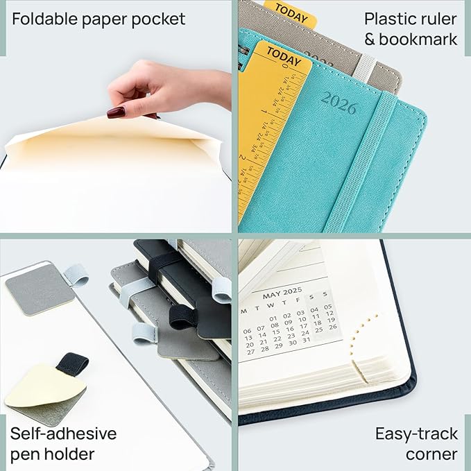 POPRUN Monthly Planner 2025-2026 Pocket Size (4" x 6.25") 18 Months Calendar (Jul 2025 - Dec 2026) - 4 Pages per Month with Monthly Expense & Notes, Sunday Start, Leather Cover - Black