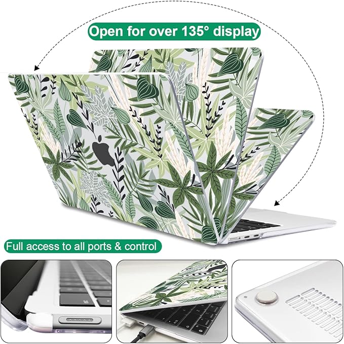 for MacBook Air 13.6 inch Case 2025 M4 A3240 2024 M3 A3113 2022 2023 A2681 M2 Chip, Crystal Plastic Pattern Hard Shell Case Cover for Mac Air 13.6 M4 2025 Touch ID, Tropical Green Leaves