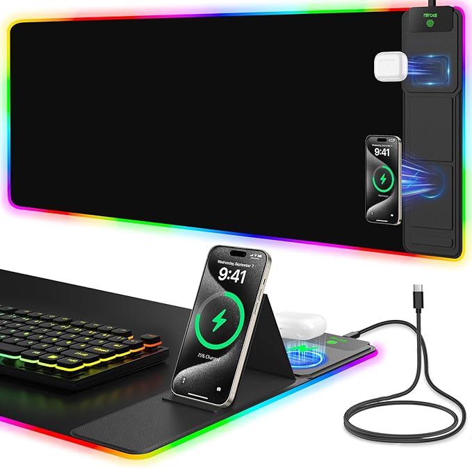 Mouse Pad with Foldable Phone Holder & Wireless Charger, XXL RGB Gaming Mousepad 31.5"x15.8" Large Desk Mat for Keyboard, Black Desk Pad with Dual Qi Charging Station | 11 Colors 5 Modes | Waterproof
