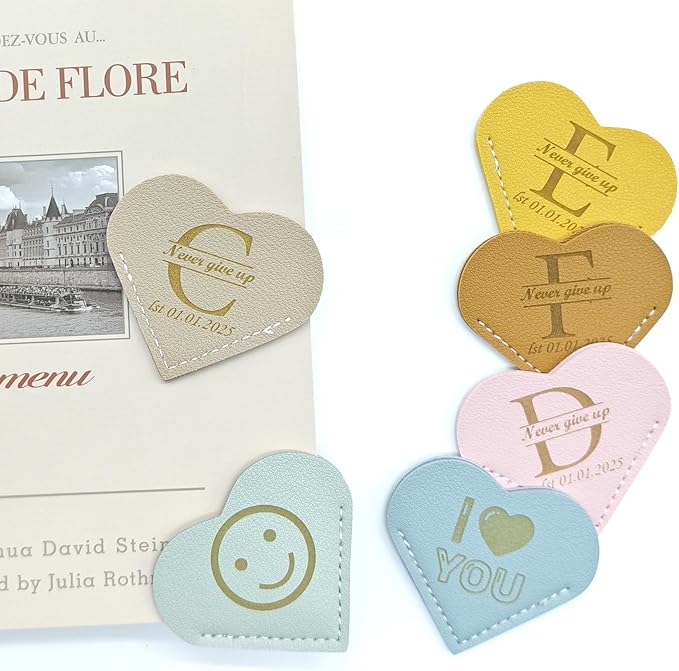 Handmade 6 Pcs Leather Heart Bookmarks - Personalized Corner Page Book Mark with Initials Custom, Cute Reading Gifts for Women Men, Teachers, Students, Mum, Dad, Book Lovers (Love 6 Pcs-Custom)