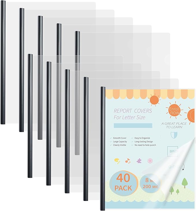 Binditek 40 Pack Heavyduty Clear Report Covers with Sliding Bars, 80 Sheet Capacity, 9mm Sliding Bar File Folder Binder, Letter Size, 8 Mil Thick, Black, for Students and Coworkers