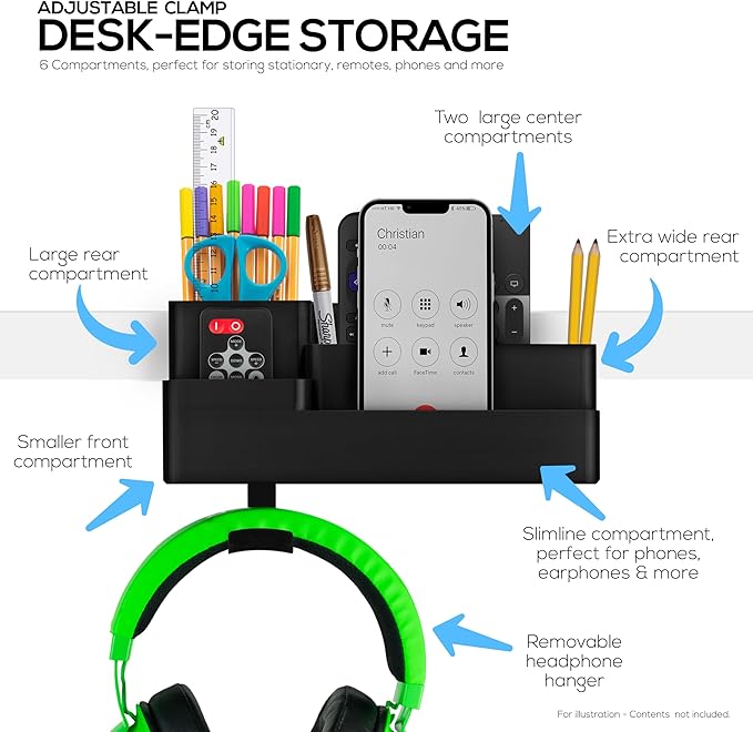 BRAINWAVZ Stationary Pen Holder with Headphone Hanger, Hobby Craft Home Office Organizer for Side of Desk, Shelves - Easy To Install, Adjustable Clamp