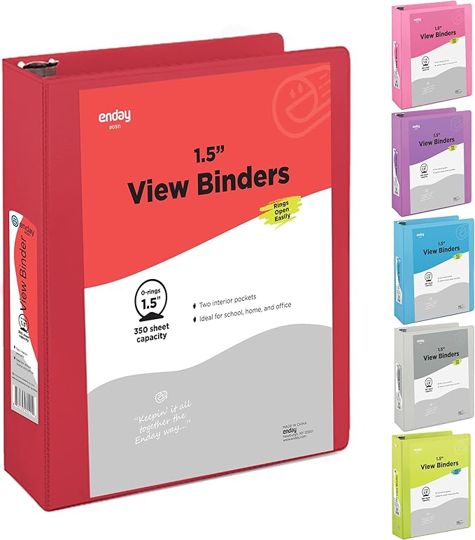 3 Ring Binder 1.5 Inch Red, 1 ½ inch Binder Clear View Cover with 2 Inside Pockets, Colored School Supplies Office and Home – by Enday
