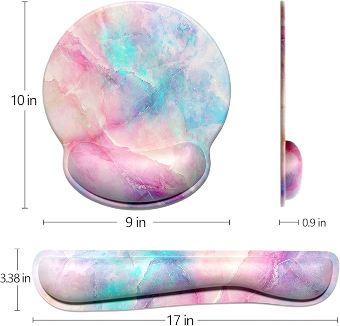Dapesuom Keyboard Wrist Rest and Mouse Pad with Wrist Support, Cute Memory Foam Cushion for Keyboard and Mouse Set, Desktop Pad Rests with Non Slip Base for Easy Typing & Pain Relief, Colorful Marble