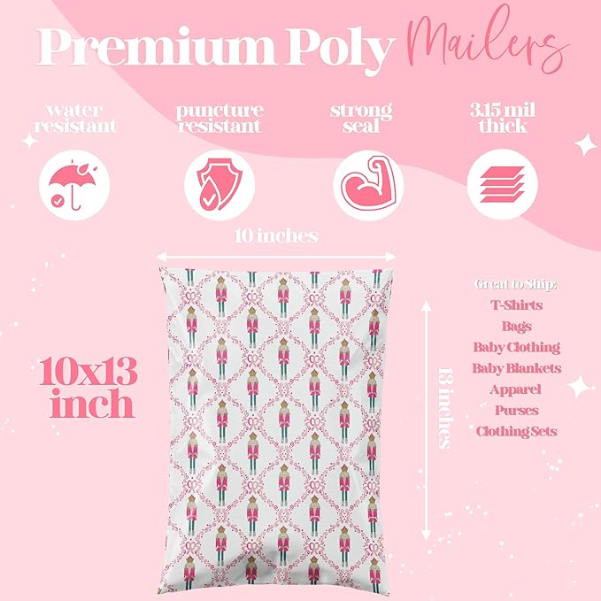 10x13 Designer Poly Mailer 100 Pack Heavy Duty Waterproof Self Seal Shipping Bags for Small Business Large Mailing Envelopes Bulk Tear Resistant Packaging Pink Nutcracker Christmas Holiday