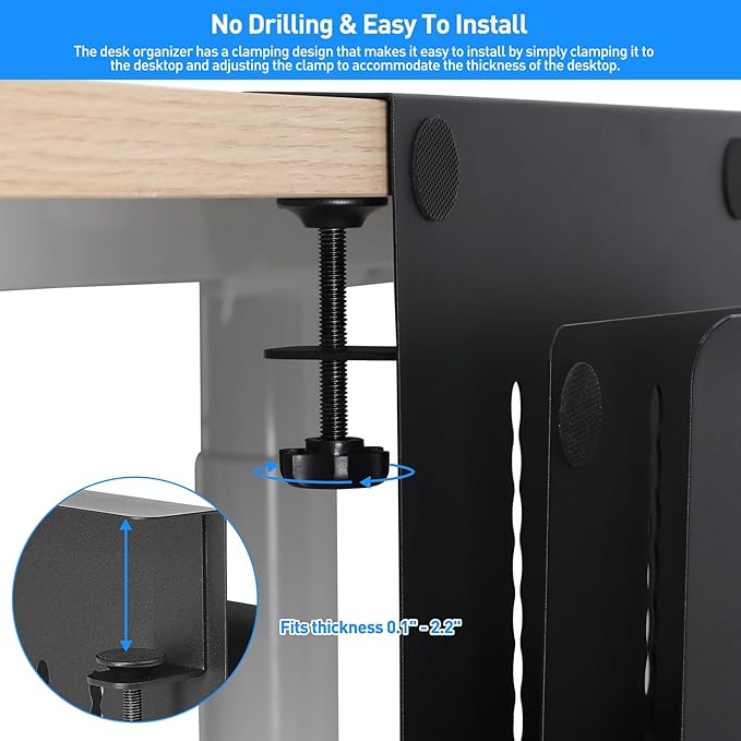 MAXECHO Desk Side Storage, Under Desk Laptop Mount, Table Side Hanging File Organizer, No Drill Clamp On Cable Management Tray, Laptop Holder with Magnetic Pen Holder for Office and Home, Load 22 Lbs