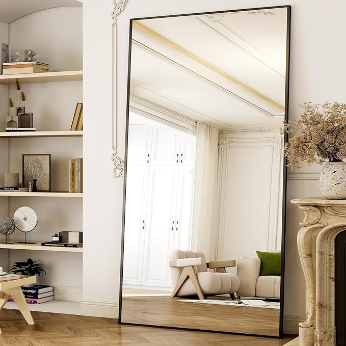 GLSLAND-38 x 77" Rectangular Full Length Mirror - Large Floor Mirrors Aluminum Alloy Frame Full Body Dressing Mirror for Bedroom, Living Room,Black