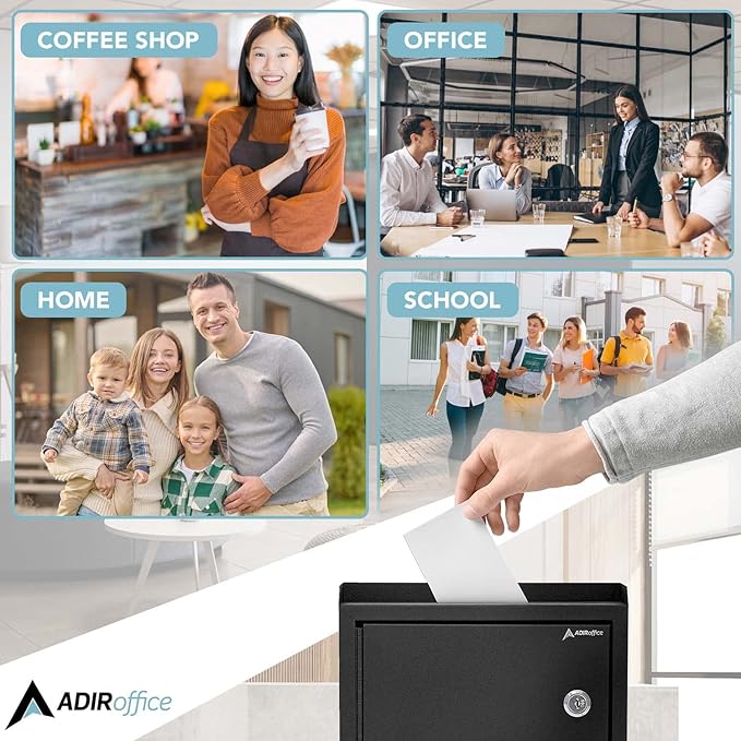 Adir Suggestion Box with Slot and Lock - Drop Box with Lock, Cash Dropbox - 9.8x7.5x3.4 Inches Wall Mount Donation Box - Metal Deposit Box in Black