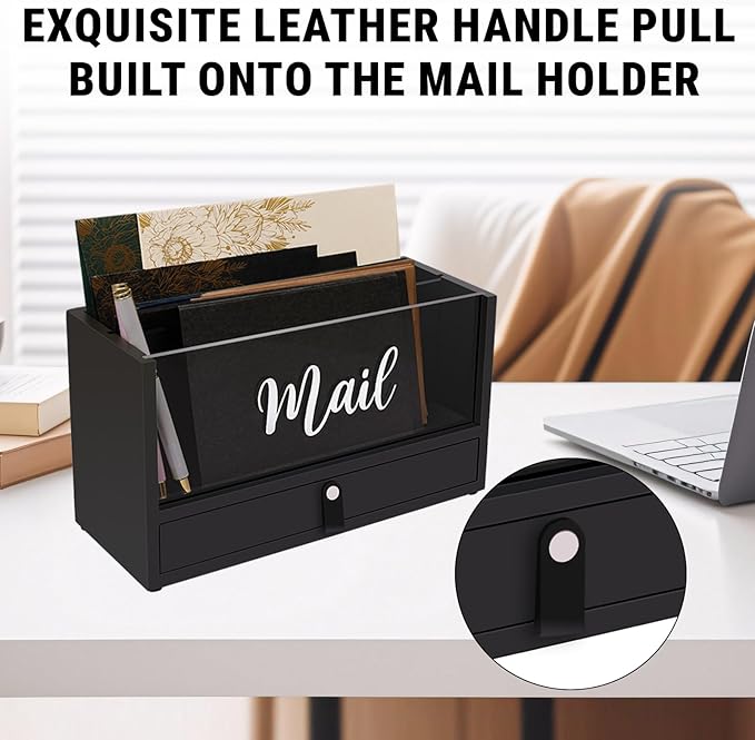 Two-Layer Solid Wooden Mail Storage Organizer Holder with Clear Acrylic Top and Bottom Drawer, Leather Handle, Keeping Mail, Bills, Letters, Cards and Office Supplies in One Place, Home Decor Gifts