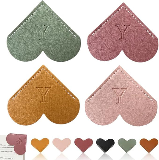 Personalized Leather Heart Bookmark, 26 Letters Customized Corner Book Mark for Reading Women, Book Marker with Initials，Cute Gifts (Light Pink+Deep Pink+Green+Light Brown, Y)