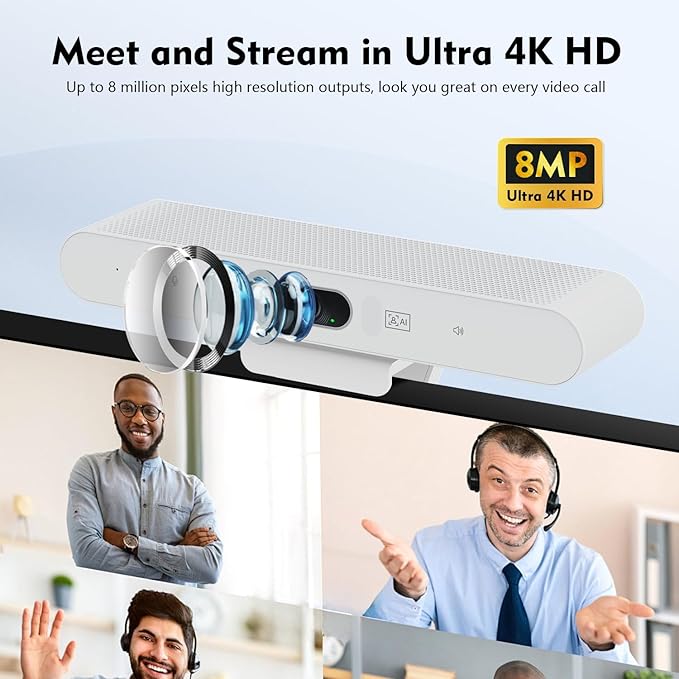 TOALLIN 4K Webcam with Microphone and Speaker, All-in-One Video Conferencing Camera, USB Video Bar, AI Auto-Framing & Speaker-Tracking, Conference Room Web Camera for Laptop, Meetings, Video Calls