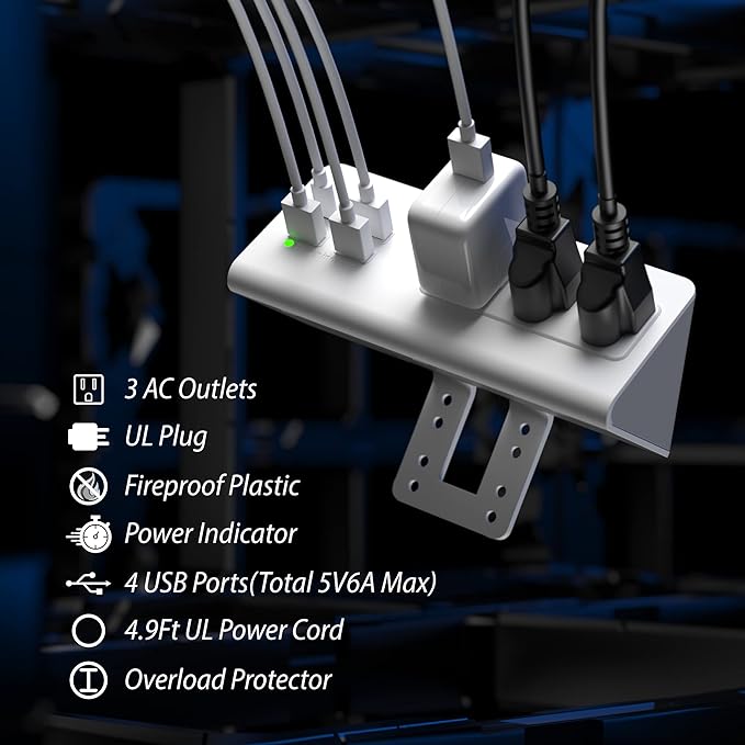 Nightstand Edge Mount Power Strip with USB-C Ports Tabletop Surge Protector Desk Clamp Power Sockets with 3 AC Outlets &4 Fast Charging USB Ports for Home Office Hotel and Dormitory (White(2-Pack))