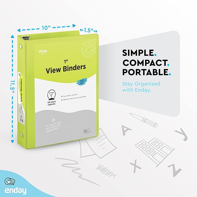 1 Inch 3 Ring Binder 1” Binder Green Clear View Cover with 2 Inside Pockets, Colored School Supplies Office and Home Binders – by Enday