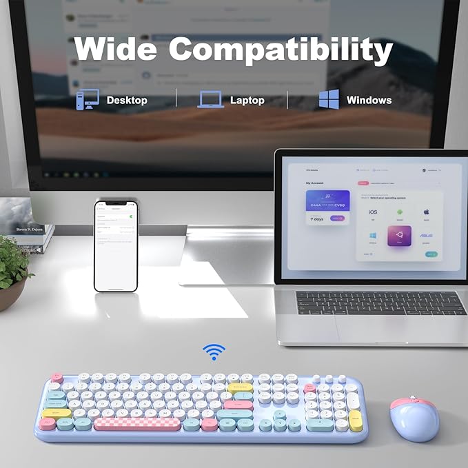 Wireless Keyboard and Mouse, Full Size Typewriter Keyboard and Cute Cat Shape Design Mouse Combo for Windows 7/8/10, Laptop, Desktop, PC, Computer (Blue)