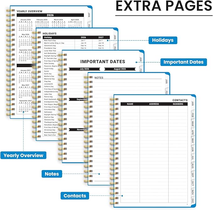 2026 Planner, Weekly and Monthly Calendar Planner, January 2026 - December 2026, Hardcover 2026 Calendar Planner Book with Tabs For Women & Men, Inner Pocket, Spiral Bound, Perfect for Office Home School Supplies - A5 (6.3" x 8.5"), Azure Blue