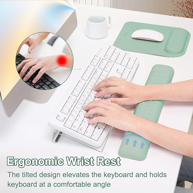 MOSISO Computer Keyboard Stand&Wrist Rest Support for Keyboard &Mouse Pad Set, Ergonomic Massage Wrist Rest Set, Easy Typing Working Acrylic Clear Stand for Office Home, Antique Green