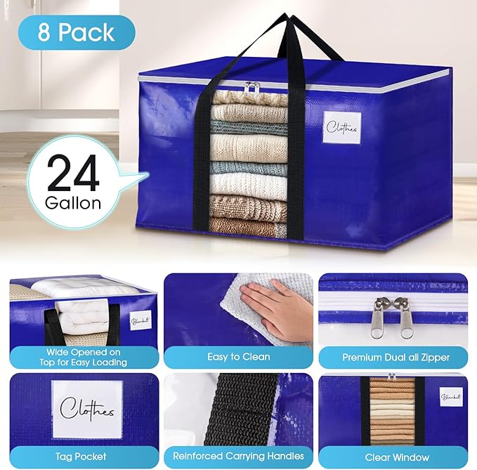 BlissTotes 8 Pack Moving Bags with Clear Window, Storage Bags with Strong Carrying Handles & Zippers,Large Packing Bags for Saving Space, Alternative to Moving Boxes(Blue,24 Gallon)