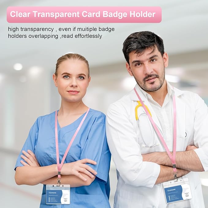 100 Pack Lanyards for ID Badges with Clear Name Tags, Reusable Lanyards Horizontal ID Card Badge Holders Plastic Name Badges for Men Women Kids Business School and Office Supplies (Pink)