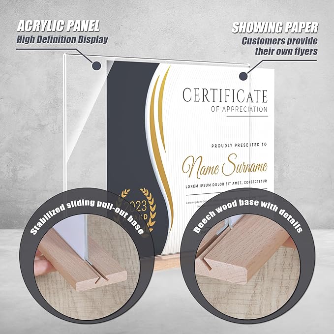 Acrylic Sign Holder 11x8.5 with Wood Base,T-shape Table Display Stands for Office,Store,Restaurants and Event use,Flyer Holder for Ads, Menu, Picture(3 packs,horizontal-L11*H8.5inches)