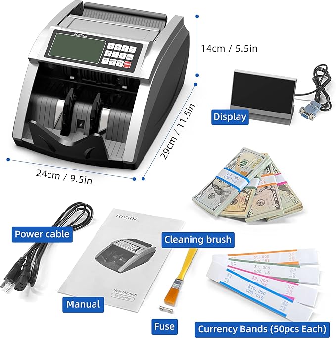 PONNOR Money Counter Machine with Value Bill Count, Cash Counter for Dollar, Euro with UV/MG/IR/DD/DBL/HLF/CHN Counterfeit Detection, Add/Bat/Value Mode Bill Counting Machine with Large LCD Display