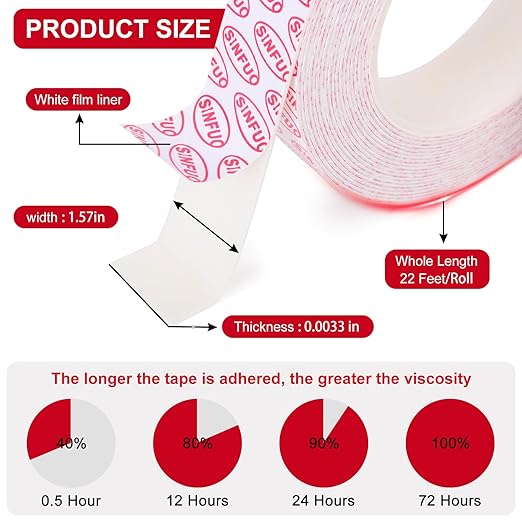 Double Sided Foam Tape Heavy Duty, Removable Damage Free Adhesive Tape, Residue Free Tape Picture Hanging Adhesive Strips Suitable for Indoor and Outdoor Installation Home Office(1.57" x 22Ft)