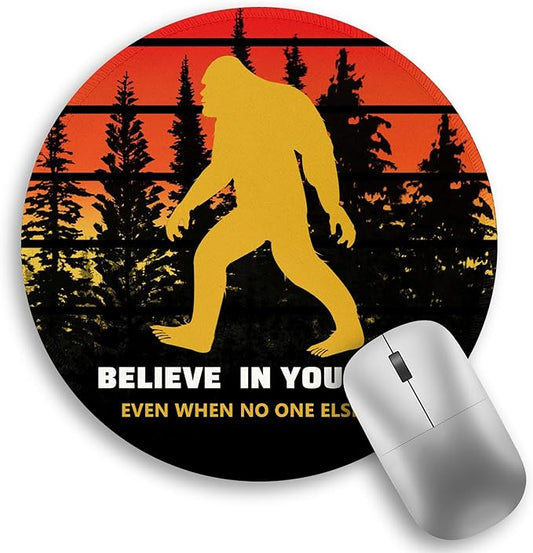 Sasquatch Bigfoot Funny Mouse Pad, Small Round Mouse Pads for Desk, Mini Travel Retro Vintage Motivational Mousepad for Work Wireless Computer Laptop, Office Desk Accessories, Believe in Yourself