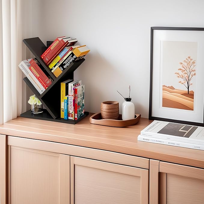 Godferyxin Tree Bookshelf, 3-Tier Wood Small Bookshelf and Mini Bookcase for Office, Home or School Desk Book Shelf for for Displaying Books, CDs, Magazines Wood Storage Rack