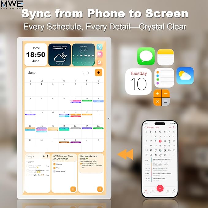 MWE 32 Inch Touchscreen Digital Calendar, Wall Planner, Desktop Smart Electronic Calendar, 8GB+128GB Android 13, Supports Google Play Apps, Office Desk Assistant & Family Schedules, Wall/Desk Stand