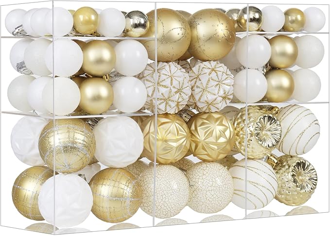100ct White &Gold Christmas Ornaments Set, Shatterproof Luxury Xmas Tree Ornaments Decorations Collection, Hanging Plastic Christmas Balls for Holiday Party Wedding (White&Gold)