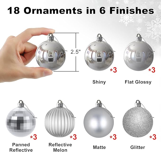 Silver 2.5" Christmas Balls Christmas Tree Decoration Ornaments Shatterproof Hanging Balls for Birthday Halloween Holiday Wedding Decorations Set of 18pcs