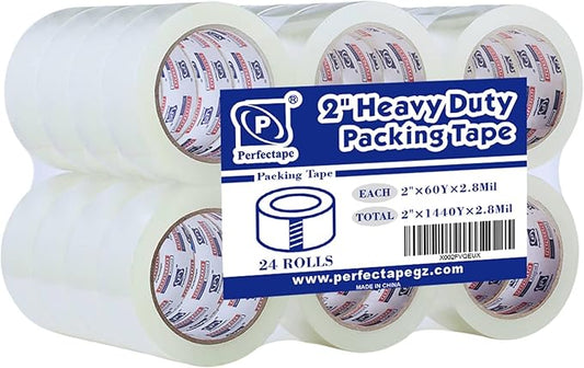 PERFECTAPE Heavy Duty Packing Tape 24 Rolls, Total 1440Y, Clear, 2.8 mil, 1.88 inch x 60 Yards, Ultra Strong, Refill for Packaging and Shipping
