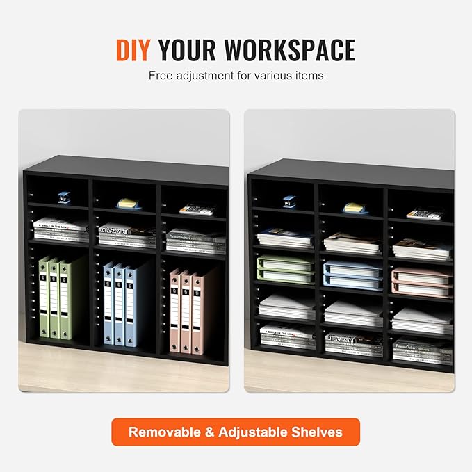 VEVOR Literature Organizers, 24 Compartments Office Mailbox with Adjustable Shelves, Wood Literature Sorter 29x12x24.4 inches for Office, Home, Classroom, Mailrooms Organization, EPA Certified Black