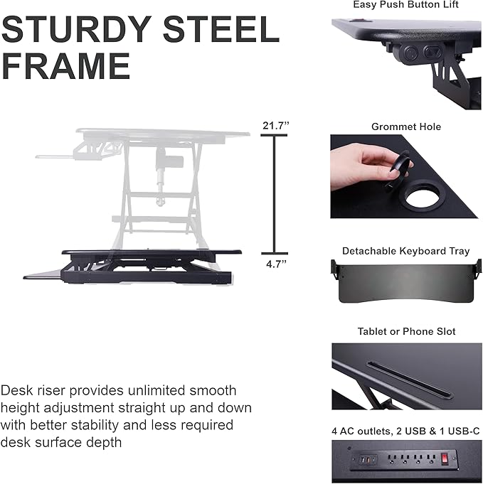 Rocelco 46" Electric Standing Desk Converter with AC Outlet USB Charger and Dual Monitor Arm Mount - Motorized Adjustable Sit Stand Riser - Tabletop Workstation Keyboard Tray - Black (R EDRB-46-DM2)