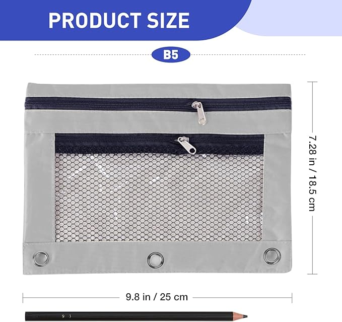 Pencil Pouch for 3 Ring Binder - 3 Hole Zipper Pen Case Bag Holder Bulk Accessories Clear Window Aesthetic Organizer Pockets (Grey, 1)
