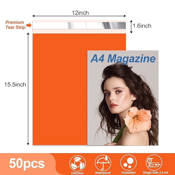 JinRuiKJ Thank You Poly Mailer 12x15.5 Inch 50 PCS, Shipping Bags for Clothing, Packaging Bags for Small Business, Strong Adhensive, Waterproof and Tear-Resistant Mailing Envelopes, Orange