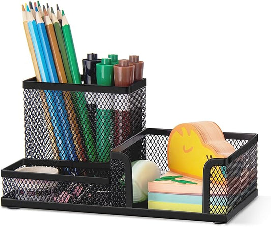Comix Mesh Pen Pencil Holder Desk Organizer, 3 Compartment Wire Desktop Pen Pencil Cup Caddy Office Supplies Desk Accessories for Home Office School, Black