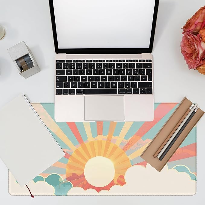 Large Gaming Mouse Pad for Desk, Boho Pastel Sun Desk Mat, Colorful Sunshine Desk Pad, 31.5"x15.7" Extended Big Computer Keyboard Mouse Pad with Non-Slip Base and Stitched Edge