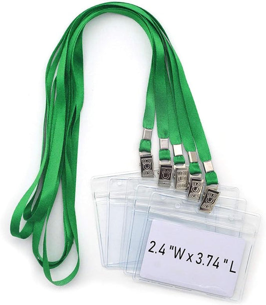 Bird Fiy Lanyards with id Holder Name Badges 50 Pcs Waterproof Type Clear Plastic Horizontal Name Tag Badge Id Card and 50 Pcs Lanyard (Green)
