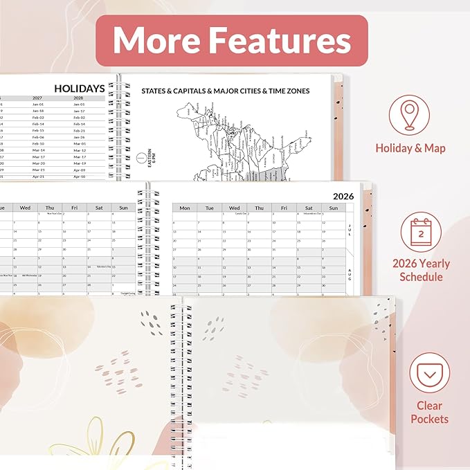 SUNEE 2026 Weekly and Monthly Planner - from January 2026 - December 2026, 8.5"x11" Daily Agenda Planner with Monthly Tab, Flexible Cover, Note Pages, Pockets, Bookmark, Spiral Binding, Pink Breeze