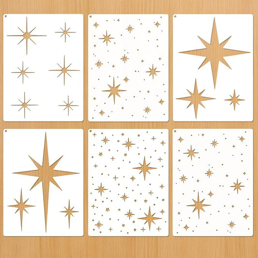 6 Pcs DIY Reusable Star Pattern Painting Stencils Set PET Plastic Painting Templates for Wall Wood Craft Canvas Fabric Home Decor