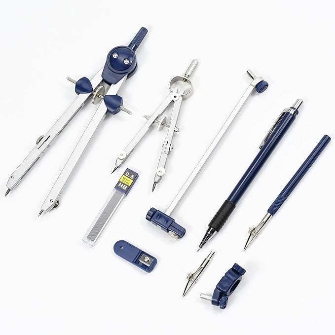 Drawing 9Pc Geometry Set Metal Compass, Geometry Precision Tool for Student, Circle Drawing Tool and Architecture, Drafting Kits for Engineer with Shatterproof Storage Box (Blue)