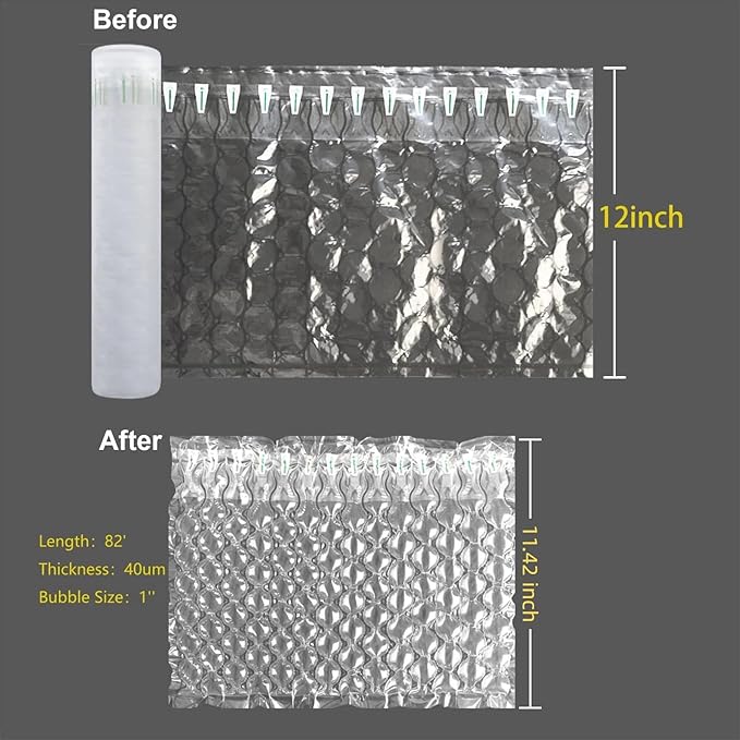 Bubble Cushioning Wrap Roll Inflatable Bottle Shipper Protector Sleeve, Air Pillows for Shipping Large Size Air Bubbles Packing Supplies for Fragile Items Recyclable Packaging Material 12"x82'