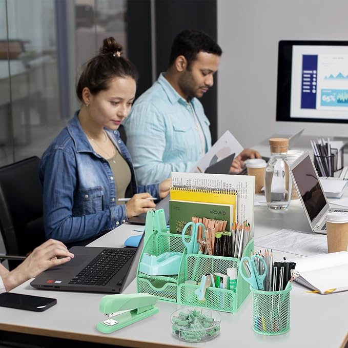 17 in 1 Green Desk Organizers and Accessories Set, 3 Office Desk Supplies Storage Organization, 4 Pens, Stapler, Staples & Remover, Tape & Dispenser, Scissors, Ruler, Clips, Hole Punch, Back to School