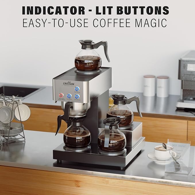 crosson 12 Cup Commercial Coffee Brewer with 4 Warmers & 4 Glass Decanter,Pour Over Drip Coffee Maker with Stainless Steel Housing and 304 SS Funnel