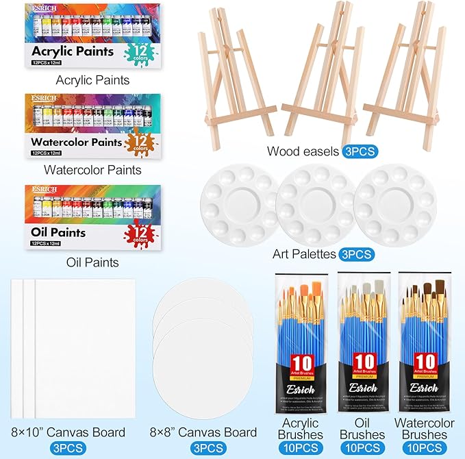 ESRICH 78Pack Acrylic Paint Set, Painting Kits for Adults, Paints Kit With3 Pack of 12 Colors Paint 3 Sets of Wooden Easels, Canvas, Brushes, Palette,Art Paint Supplies Kit for Adults Kids Beginner
