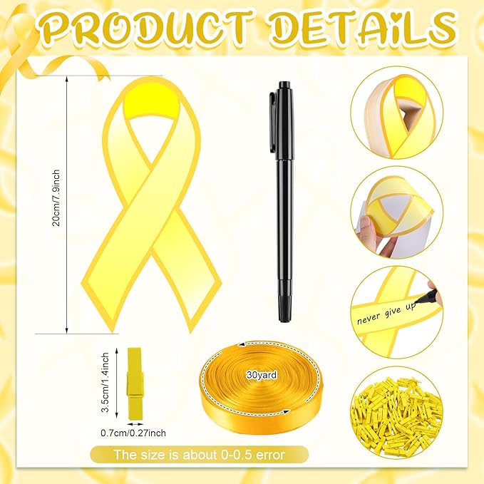 Kosiz 100 Pack Large Gold Ribbon Set 100 Childhood Cancer Ribbon Cutouts 2 Marker Pens 100 Wooden Clips with Rope Neuroblastoma Cancer Awareness Items for Public Charity Party Supplies