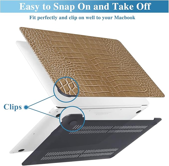 KEROM Compatible with Crocodile MacBook Air 13 Inch Case 2025-2022 M4 M3 M2 A3240 A3113 A2681, Textured Elegant Luxury Aligator Skin Snakeskin PU Leather Hardshell Case & Keyboard Cover, Brown
