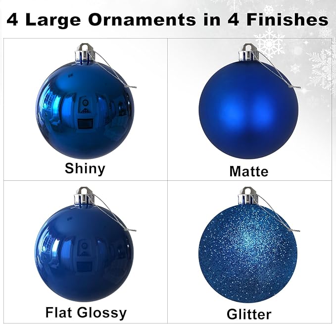 Royal Blue 4.0" Large Christmas Balls - Christmas Tree Decoration Ornaments Shatterproof Hanging Balls for Birthday Halloween Holiday Wedding Decorations Set of 4pcs