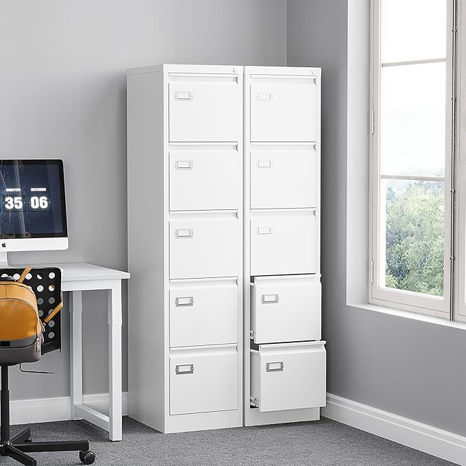 5 Drawer File Cabinet with Lock Metal Vertical File Cabinet Office Home Vertical File Cabinet for A4 Legal/Letter Size Narrow File Cabinet Locked,Assembly Required (White, 5 Drawers-Vertical)